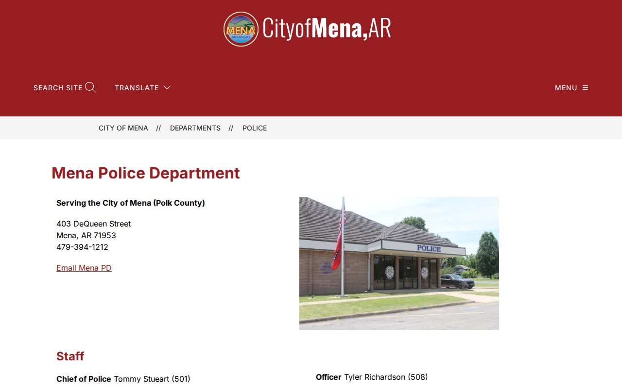 Mena Police Department official arrest records source in Polk County