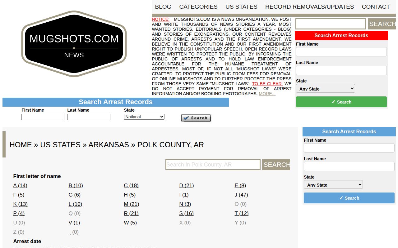 Unofficial historical Mugshots.com Polk County arrest record section