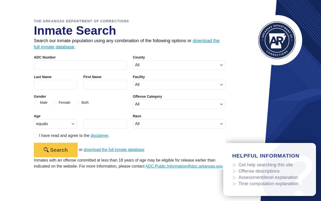 Arkansas ADC search for Polk County state offender records
